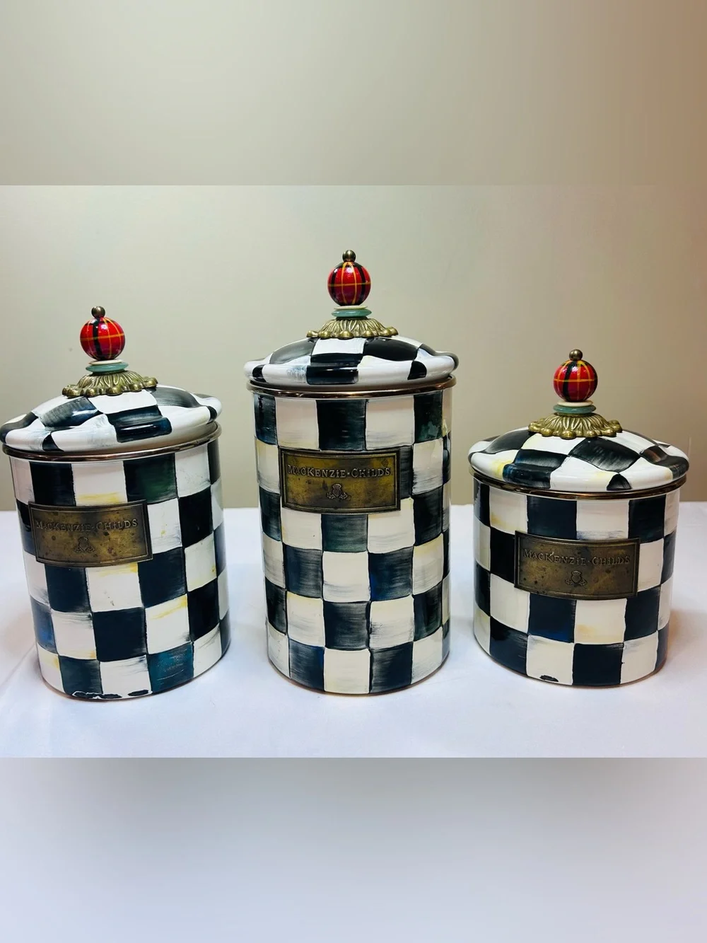 MacKenzie-Childs Black & White Courtly Check Canister Set with Red Finials